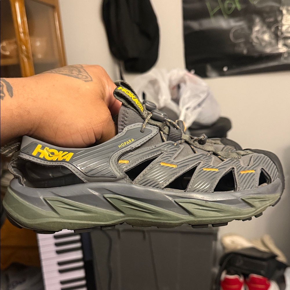 Hoka One One Men Size 8 Hopara Sneaker Sandal Shoes Castlerock Gray / Thyme
